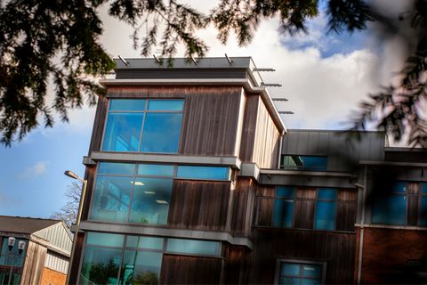 The office seen through some trees