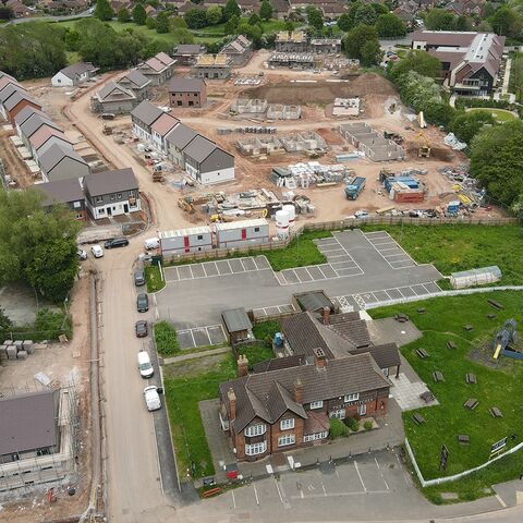 Aerial view of the development at The Full Pitcher, Ledbury