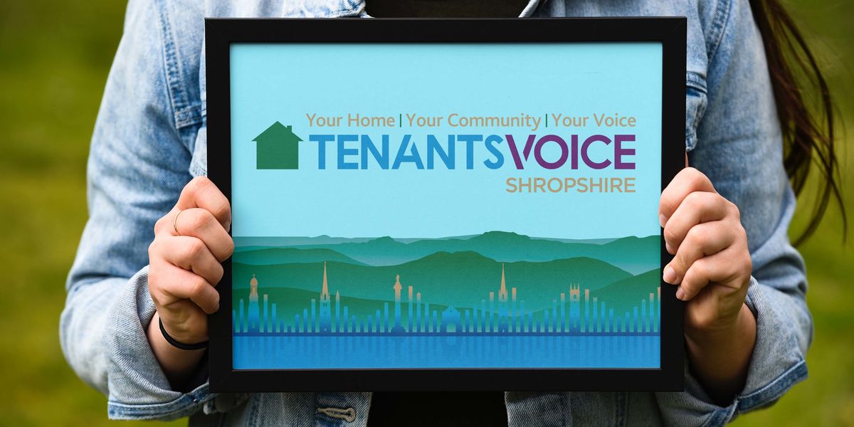 Woman holding up a tablet device with the words 'Tenants Voice' on the screen