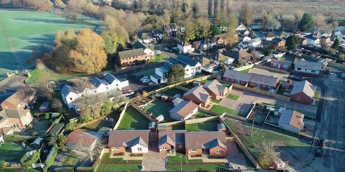 Aerial view of new bungalows at Pine Grove and Chestnut Drive, Hereford, Herefordshire