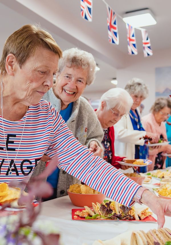 Residents at our Whitefriars Indepedent Living Centre in Ludlow, Shropshire enjoy a Platinum Jubilee buffet. 