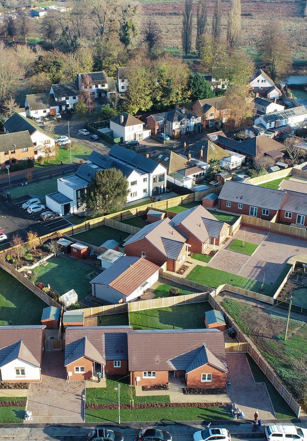 Aerial view of new bungalows at Pine Grove and Chestnut Drive, Hereford, Herefordshire