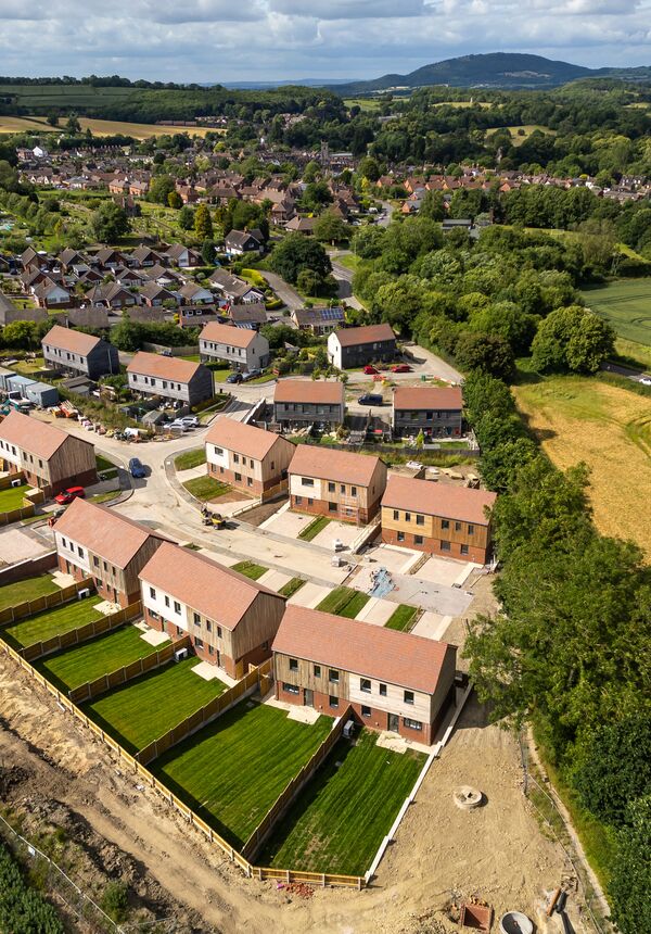 An aerial view of houses in Much Wenlock