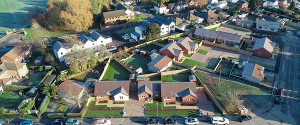 Aerial view of new bungalows at Pine Grove and Chestnut Drive, Hereford, Herefordshire