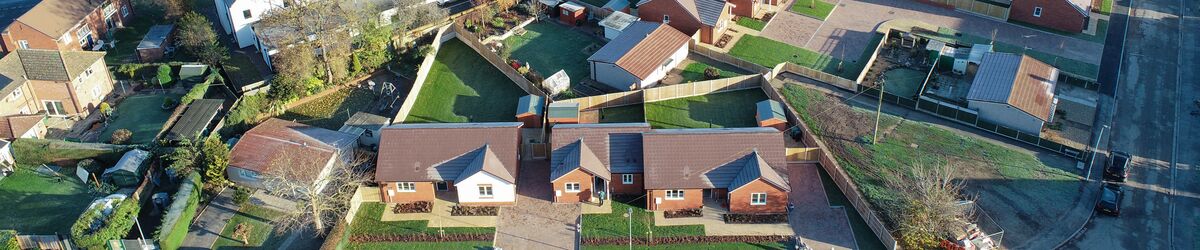 Aerial view of new bungalows at Pine Grove and Chestnut Drive, Hereford, Herefordshire