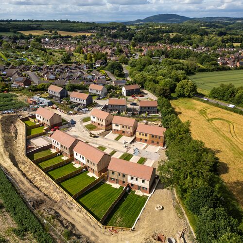 An aerial view of houses in Much Wenlock